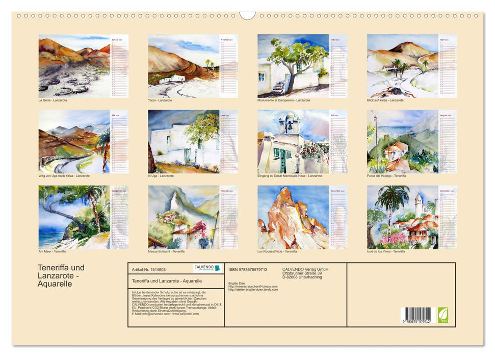 Lanzarote und Teneriffa - Aquarelle (CALVENDO Wandkalender 2024)