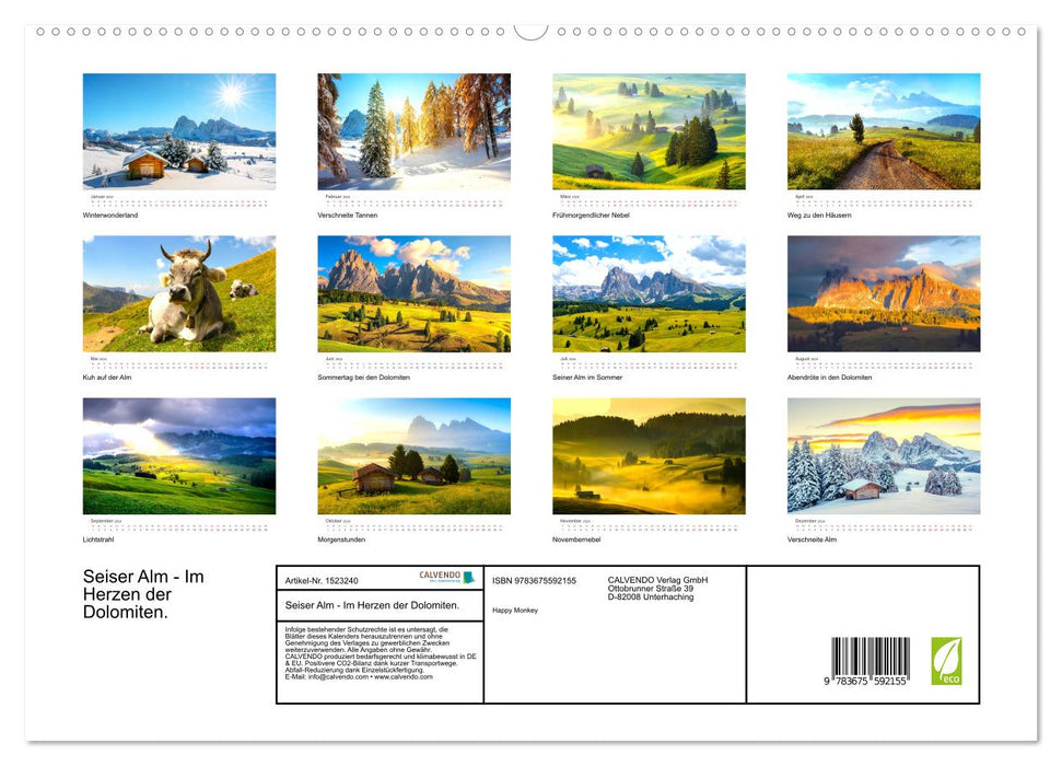 Seiser Alm - Im Herzen der Dolomiten. (CALVENDO Premium Wandkalender 2024)