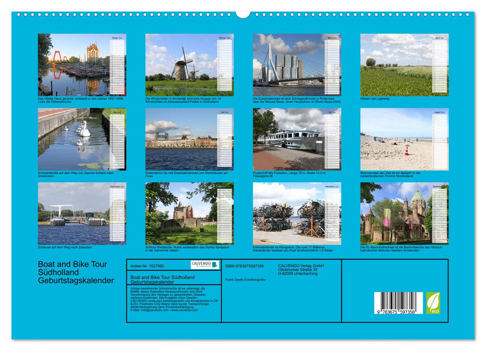 Boat and Bike Tour South Holland Birthday Calendar (CALVENDO Premium Wall Calendar 2024) 