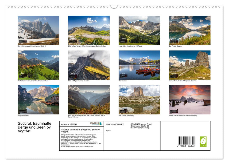 South Tyrol, fantastic mountains and lakes by VogtArt (CALVENDO Premium Wall Calendar 2024) 