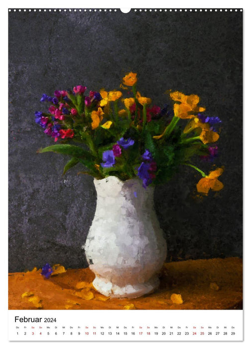 Blütenzauber - Gemalte Blumensträuße auf dem Tisch (CALVENDO Premium Wandkalender 2024)