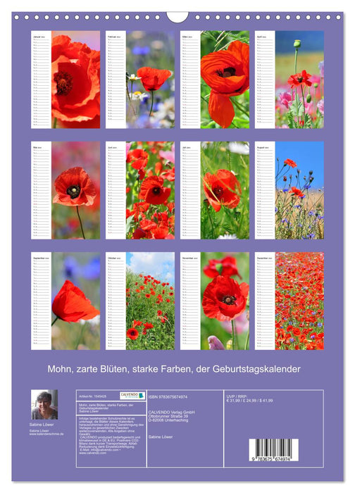 Mohn, zarte Blüten, starke Farben, der Geburtstagskalender (CALVENDO Wandkalender 2024)