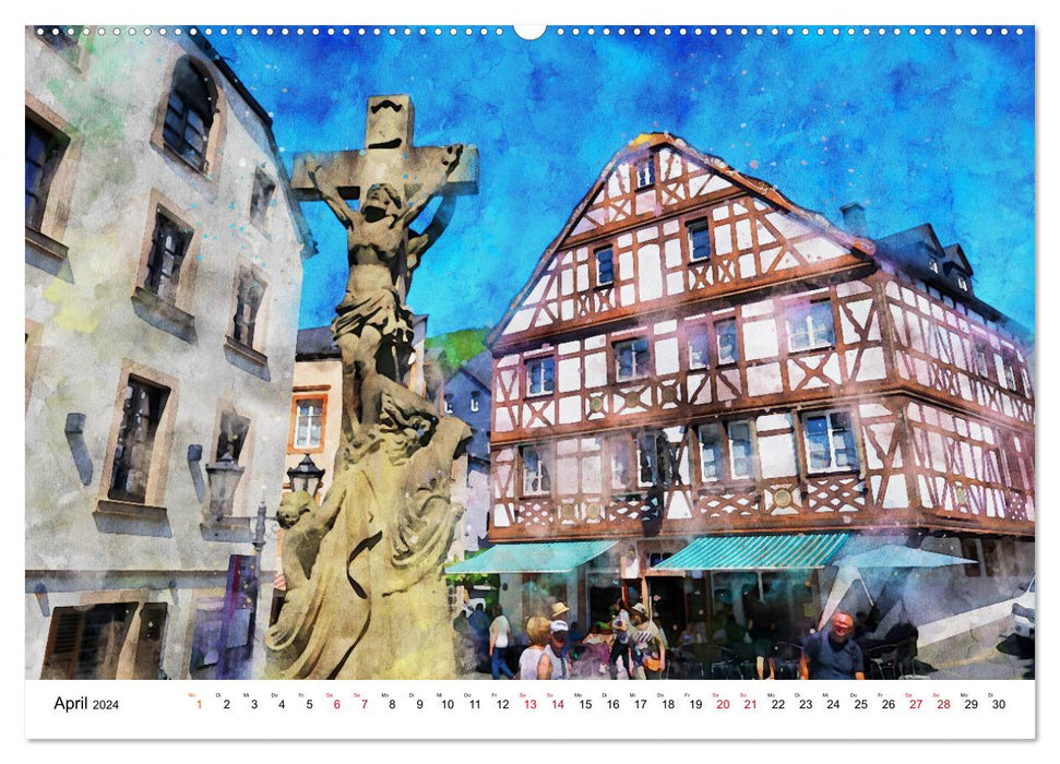 Bernkastel-Kues - Stadtrundgang in Aquarell (CALVENDO Wandkalender 2024)