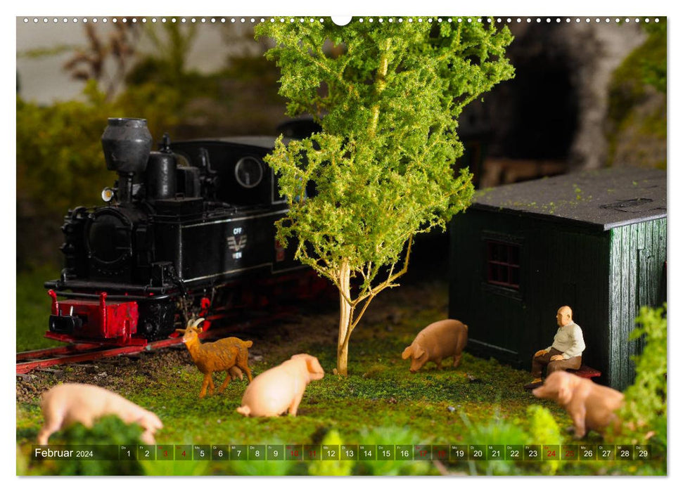 Petit monde ferroviaire forestier - chemin de fer miniature en voie 0 (calendrier mural CALVENDO Premium 2024) 