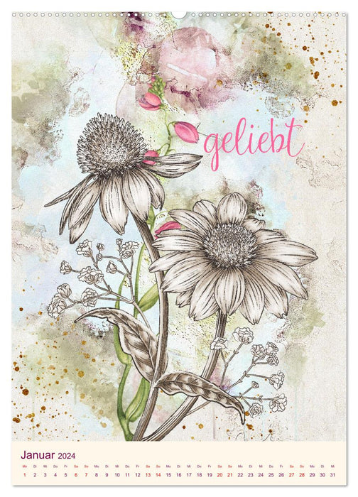 Aquarell Blumenmalerei mit Sprüchen (CALVENDO Premium Wandkalender 2024)