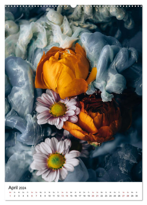 Spiel der Farben - Blüten unter Wasser mit Acrylfarben (CALVENDO Wandkalender 2024)