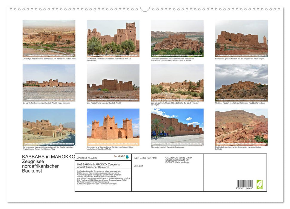 KASBAHS au MAROC, témoignage de l'architecture nord-africaine (calendrier mural CALVENDO 2024) 