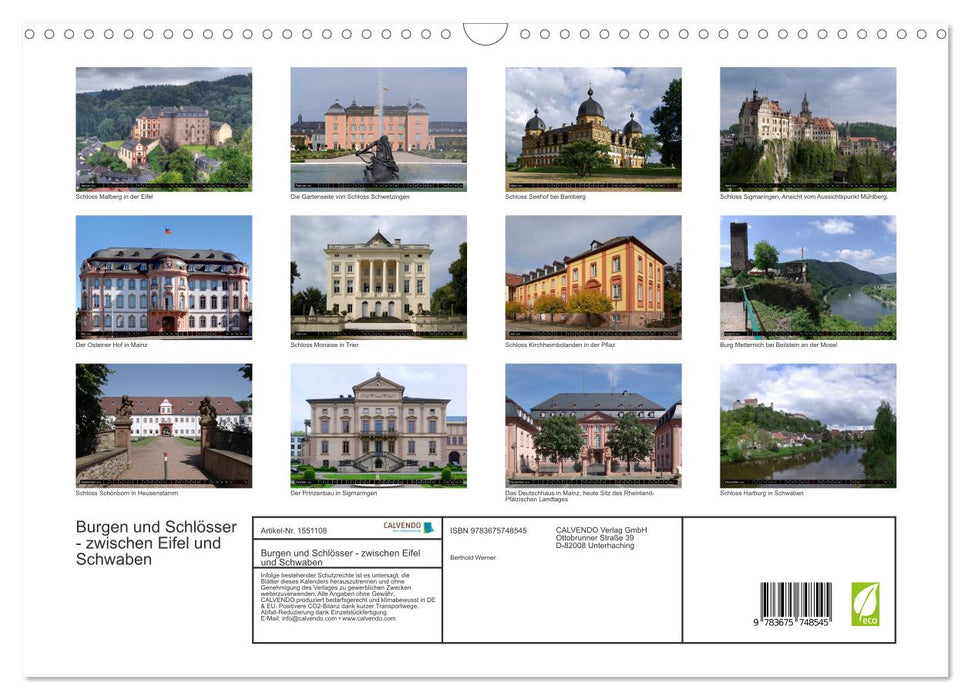 Châteaux et palais entre l'Eifel et la Souabe (calendrier mural CALVENDO 2024) 