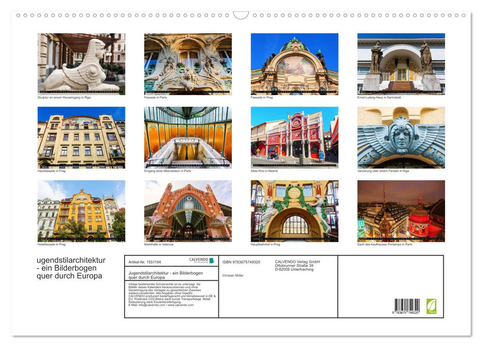Jugendstilarchitektur - ein Bilderbogen quer durch Europa (CALVENDO Wandkalender 2024)