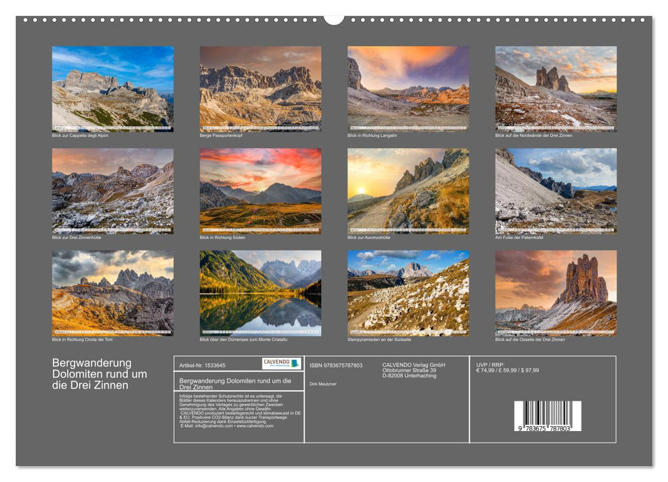 Bergwanderung Dolomiten rund um die Drei Zinnen (CALVENDO Premium Wandkalender 2024)