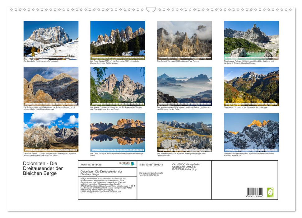 Dolomiten - Die Dreitausender der Bleichen Berge (CALVENDO Wandkalender 2024)