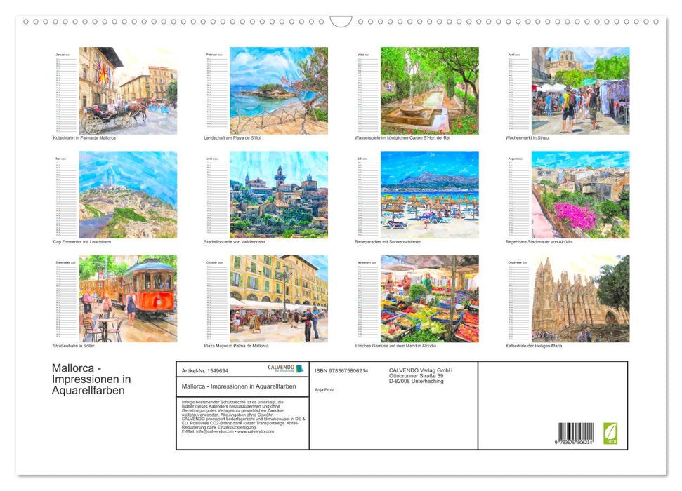Mallorca - Impressionen in Aquarellfarben (CALVENDO Wandkalender 2024)