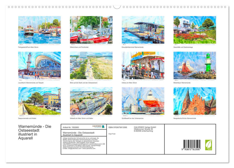 Warnemünde - Die Ostseestadt illustriert in Aquarell (CALVENDO Premium Wandkalender 2024)