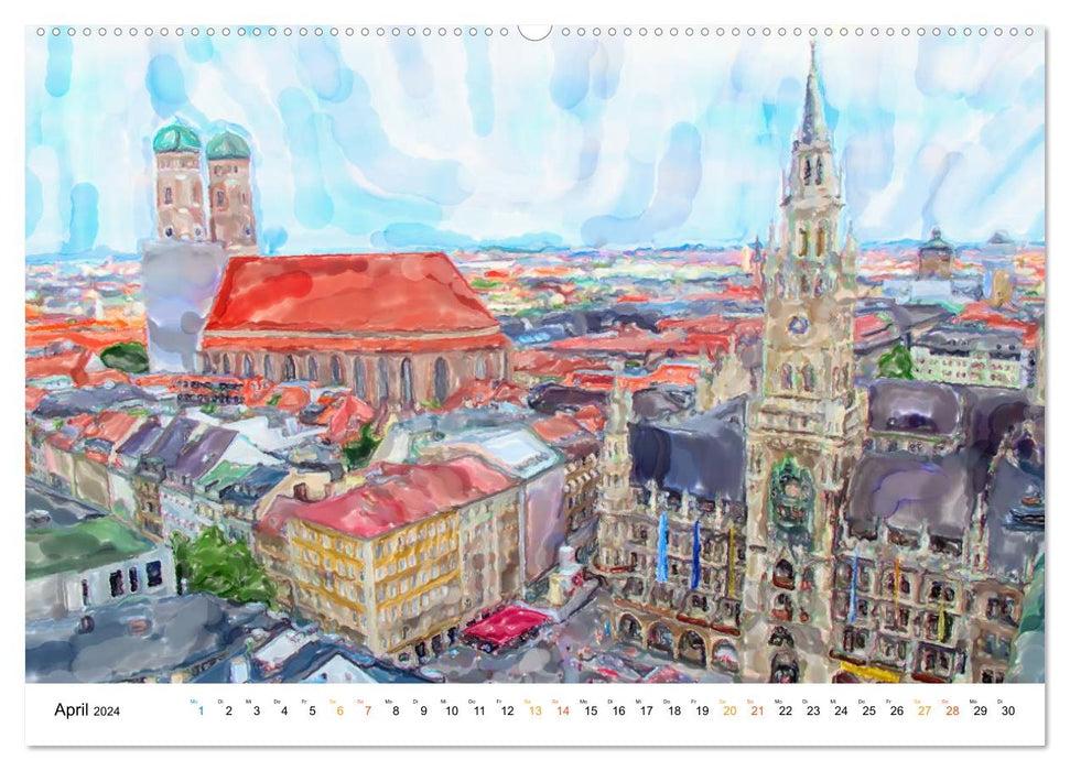 München - Bayerns Landeshauptstadt in Aquarellfarben (CALVENDO Wandkalender 2024)