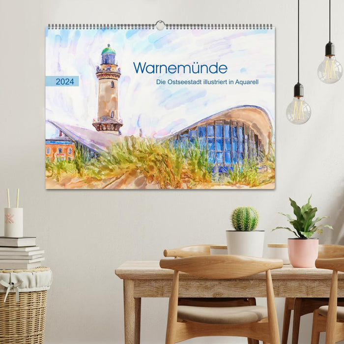 Warnemünde - Die Ostseestadt illustriert in Aquarell (CALVENDO Wandkalender 2024)