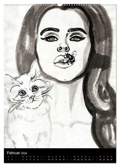Kesse Mietzen - Burlesque cats II - mit flotten Linien gezeichnete Pin-up Katzen (CALVENDO Wandkalender 2024)