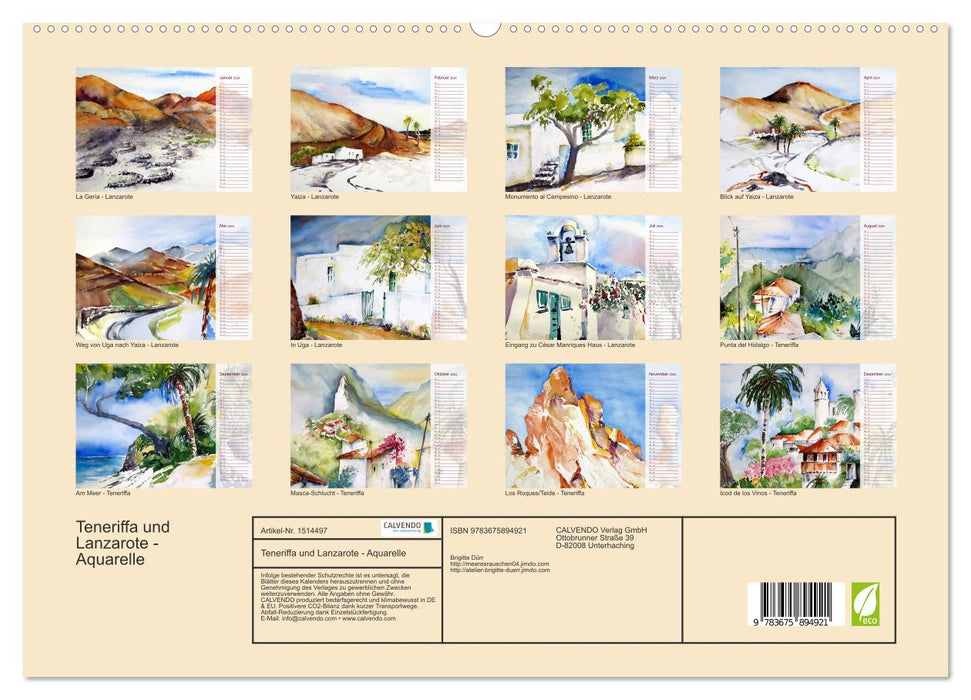 Lanzarote und Teneriffa - Aquarelle (CALVENDO Premium Wandkalender 2024)