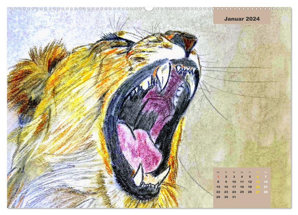 PortraiTierART Big Cats - Wonderful Portrait Drawings (CALVENDO Wall Calendar 2024) 