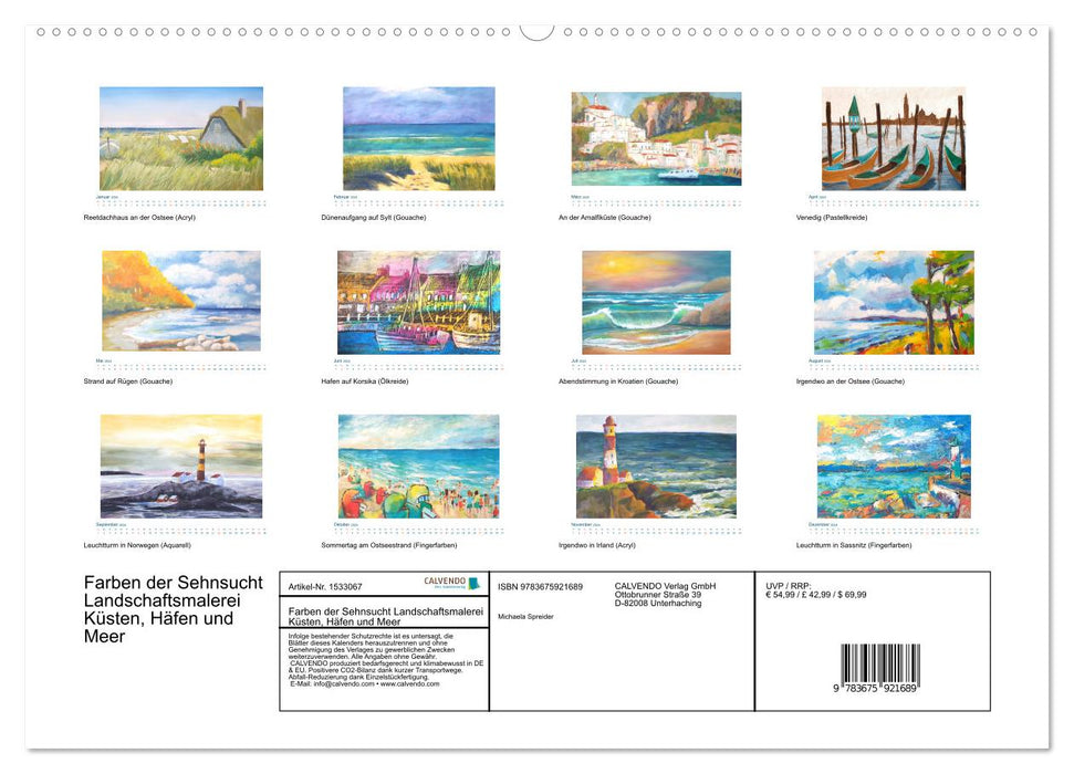 Farben der Sehnsucht - Landschaftsmalerei mit Impressionen von Küsten, Häfen und Meer (CALVENDO Wandkalender 2024)
