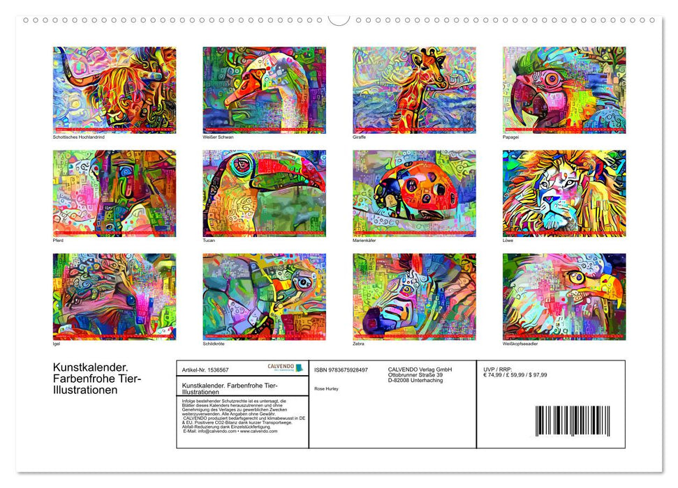 Kunstkalender. Farbenfrohe Tier-Illustrationen (CALVENDO Premium Wandkalender 2024)