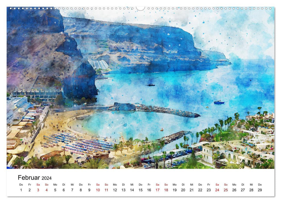 Puerto de Morgan - Aquarell der Hafenstadt auf Gran Canaria (CALVENDO Wandkalender 2024)