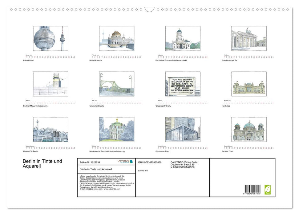 Berlin - in Tinte und Aquarell (CALVENDO Wandkalender 2024)