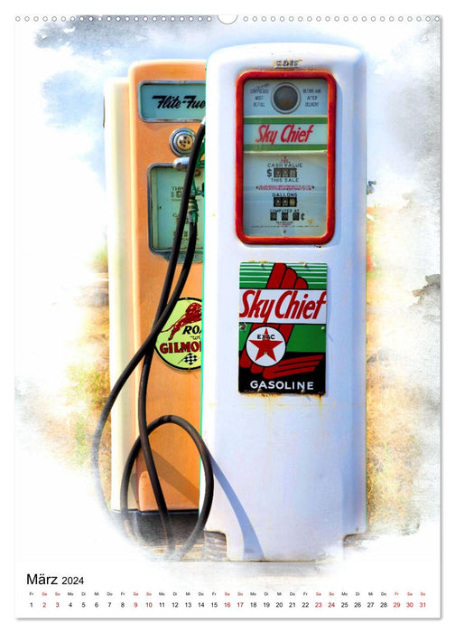 Gasoline - Vintage Tanksäulen in Szene gesetzt (CALVENDO Premium Wandkalender 2024)