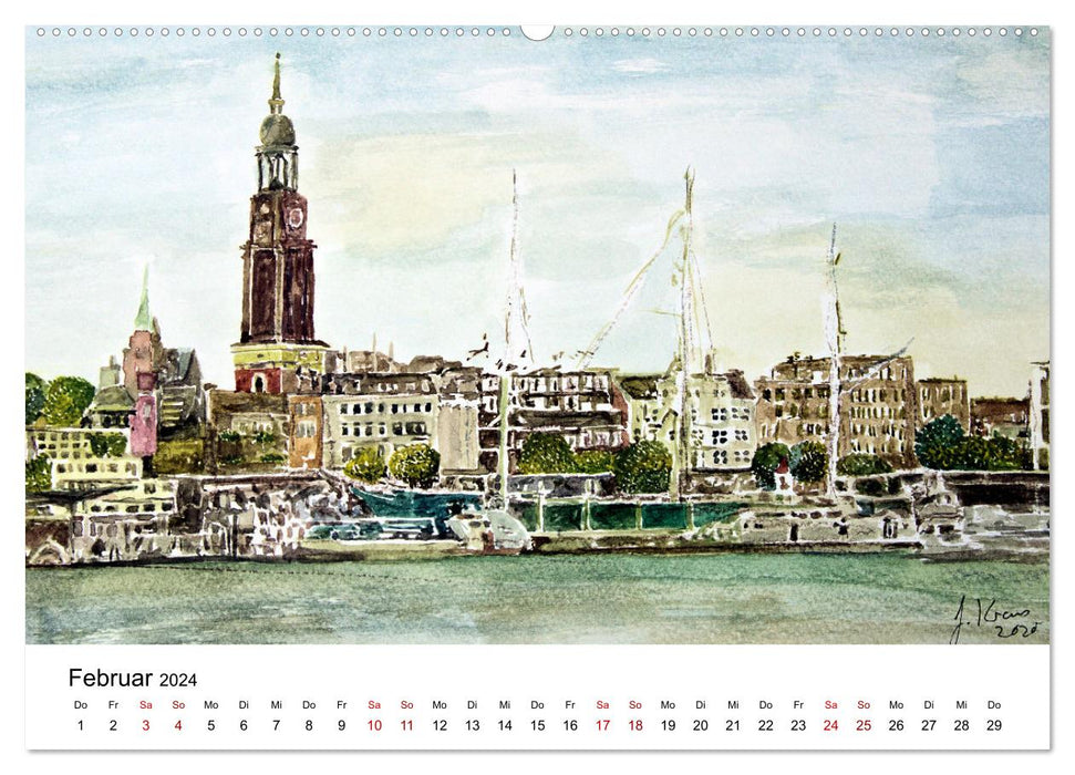 Hamburg in stillen Aquarellen (CALVENDO Premium Wandkalender 2024)